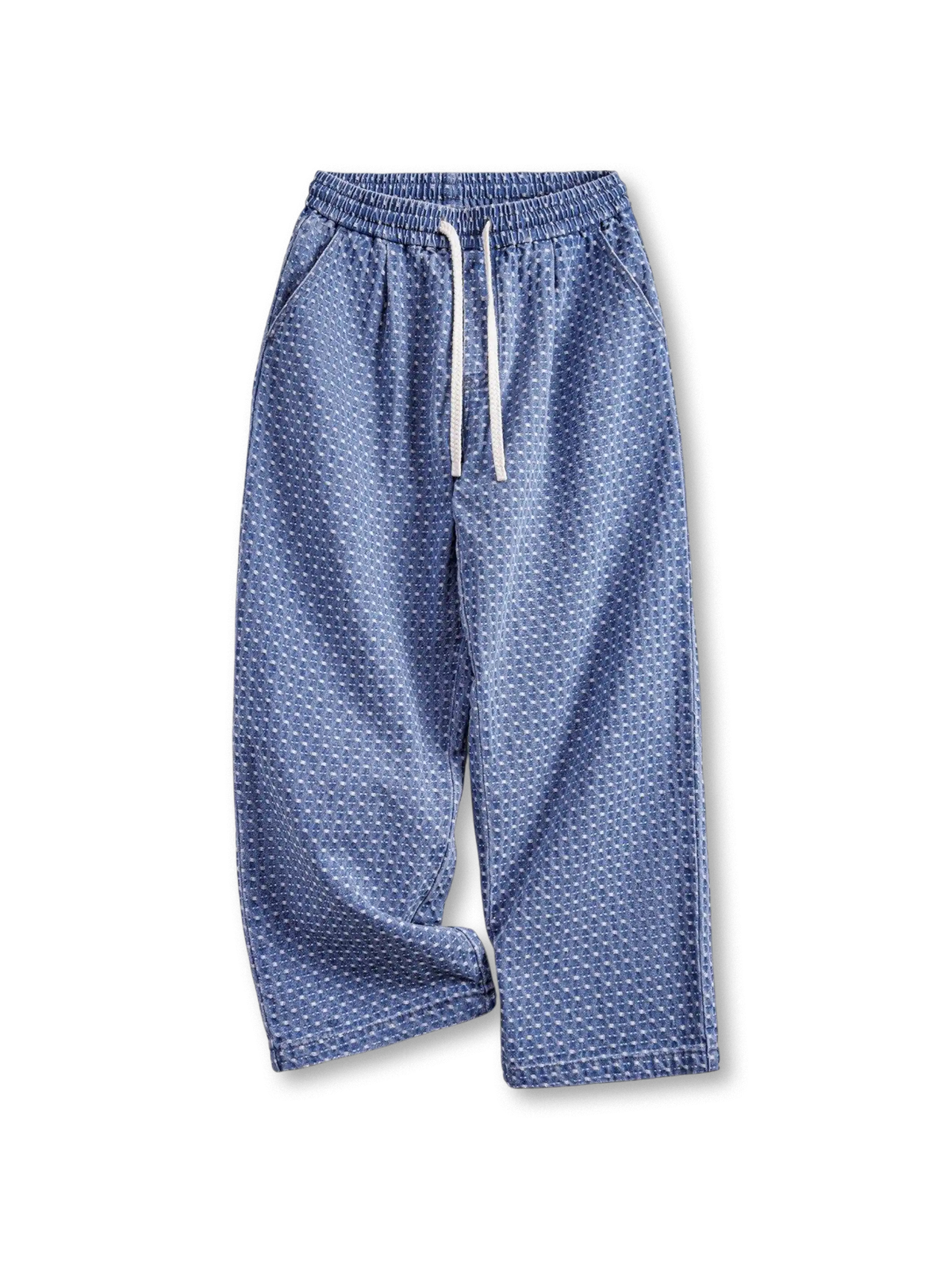 総柄ジャカードの水洗いデニムイージーパンツ、ウエストゴムとドローコード、直筒シルエットで背面パッチポケット付き