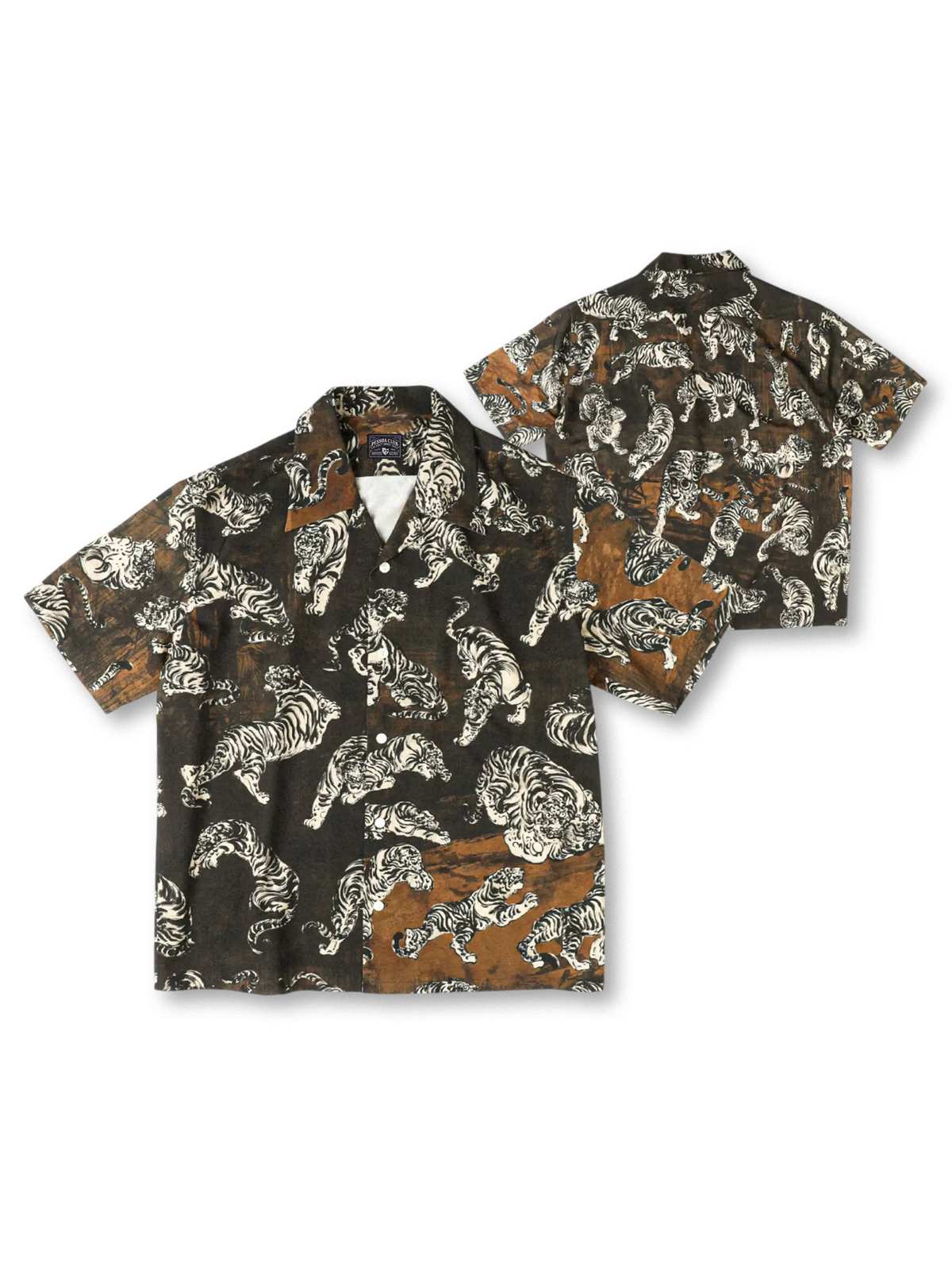 百虎柄のレトロプリントが映えるオープンカラー半袖アロハシャツ