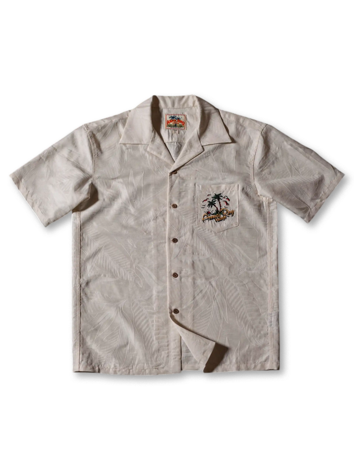 ホワイト アロハシャツ 古巴襟 メンズ ヴィンテージ風 リヨセル混紡 熱帯植物ジャカード