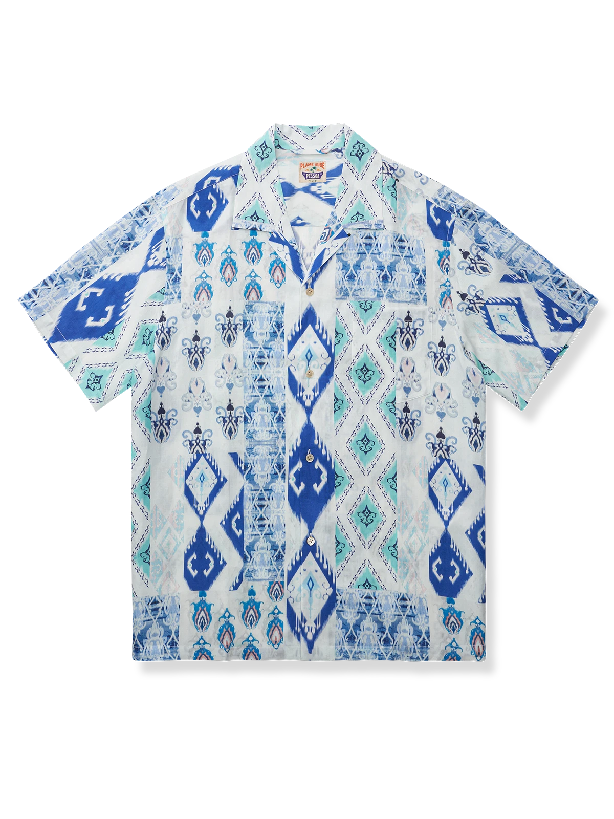 アロハキューバカラーシャツ、浅青プリント、ワイドフィット、テンセル苧麻混紡、爽やかでロマンチック