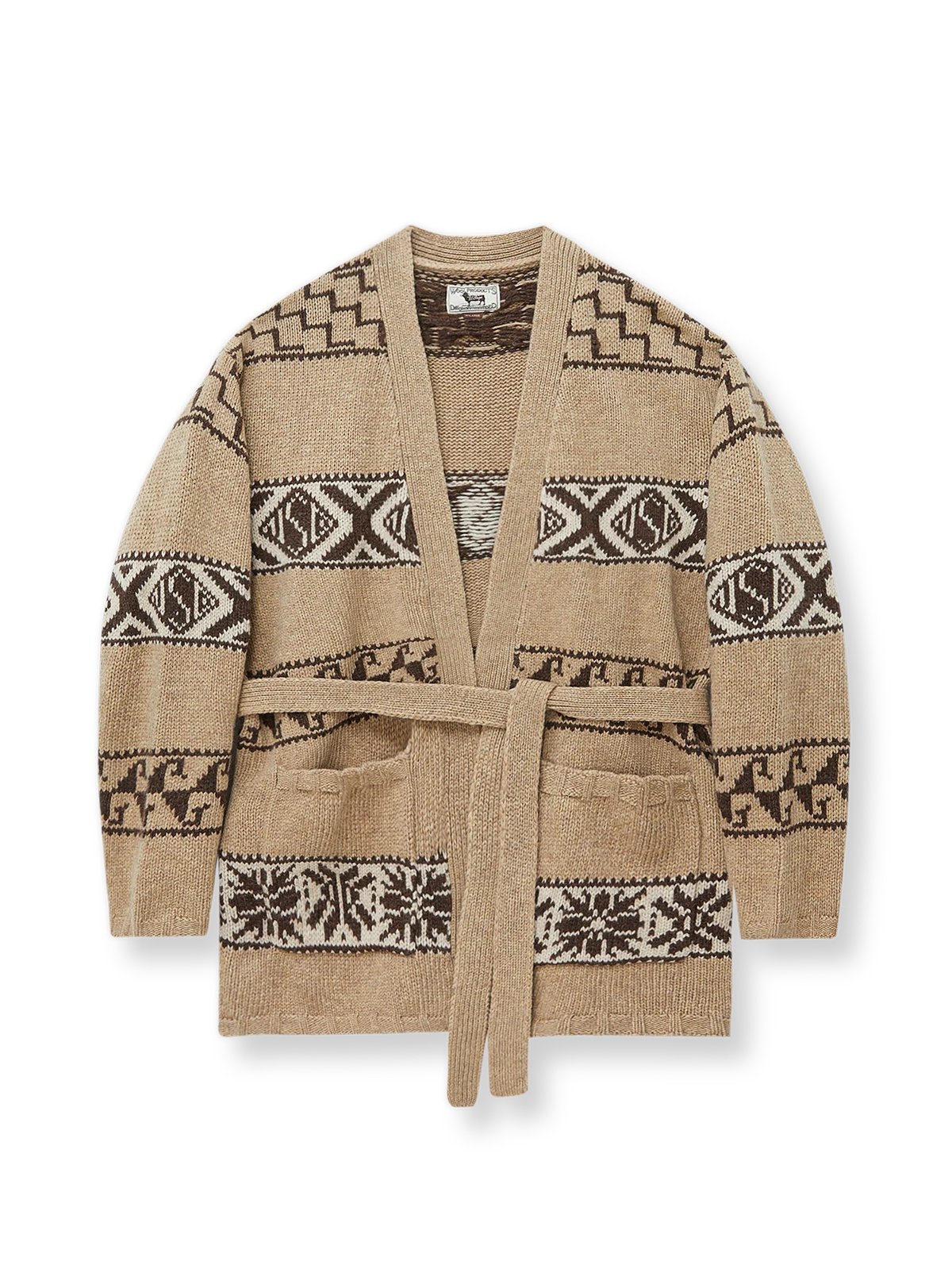 先住民の幾何学模様とトーテムが特徴のアルパカ混紡カーディガン