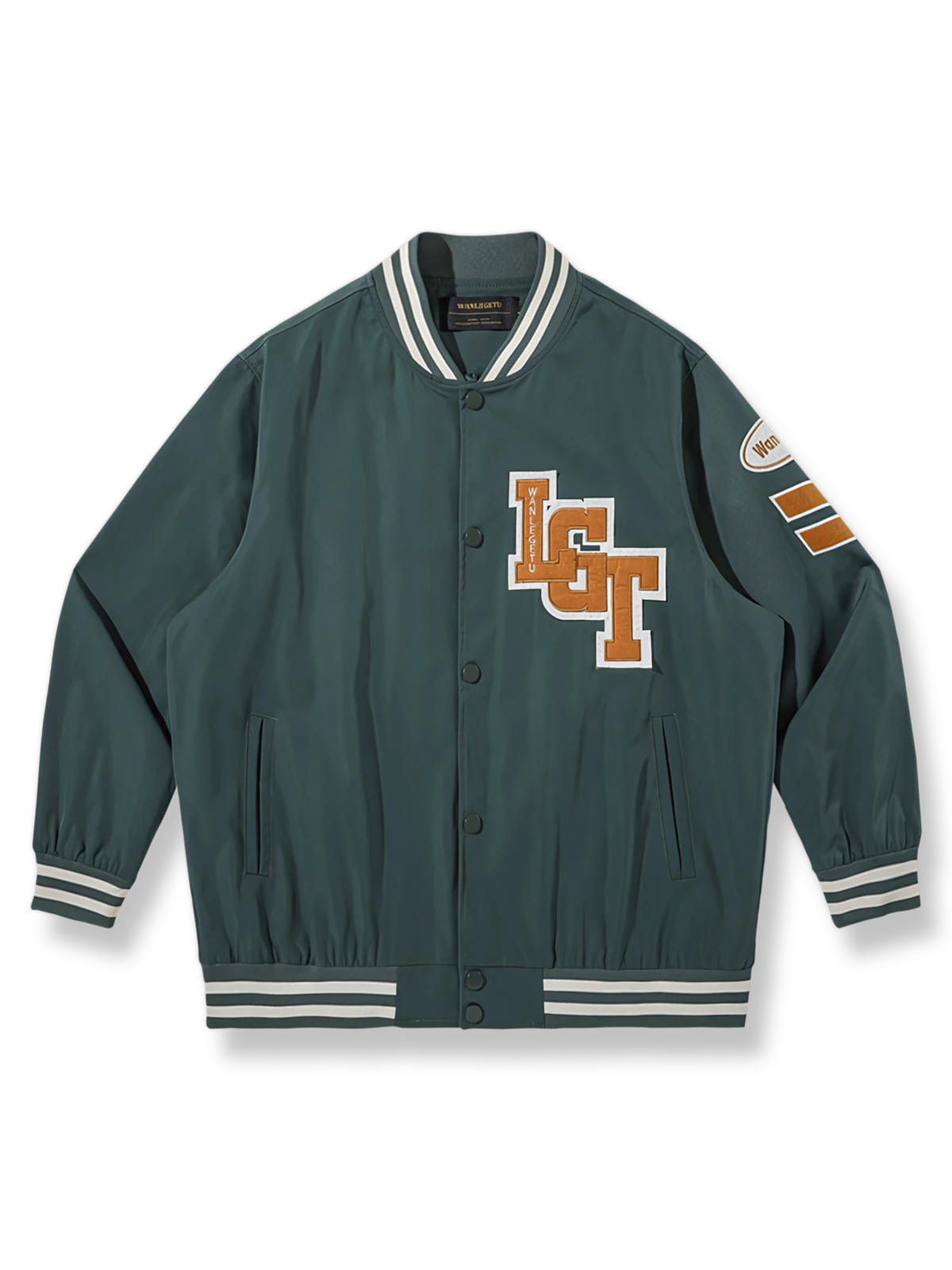 「LGT」アルファベットパッチが施された裏地付きベースボールジャケット。