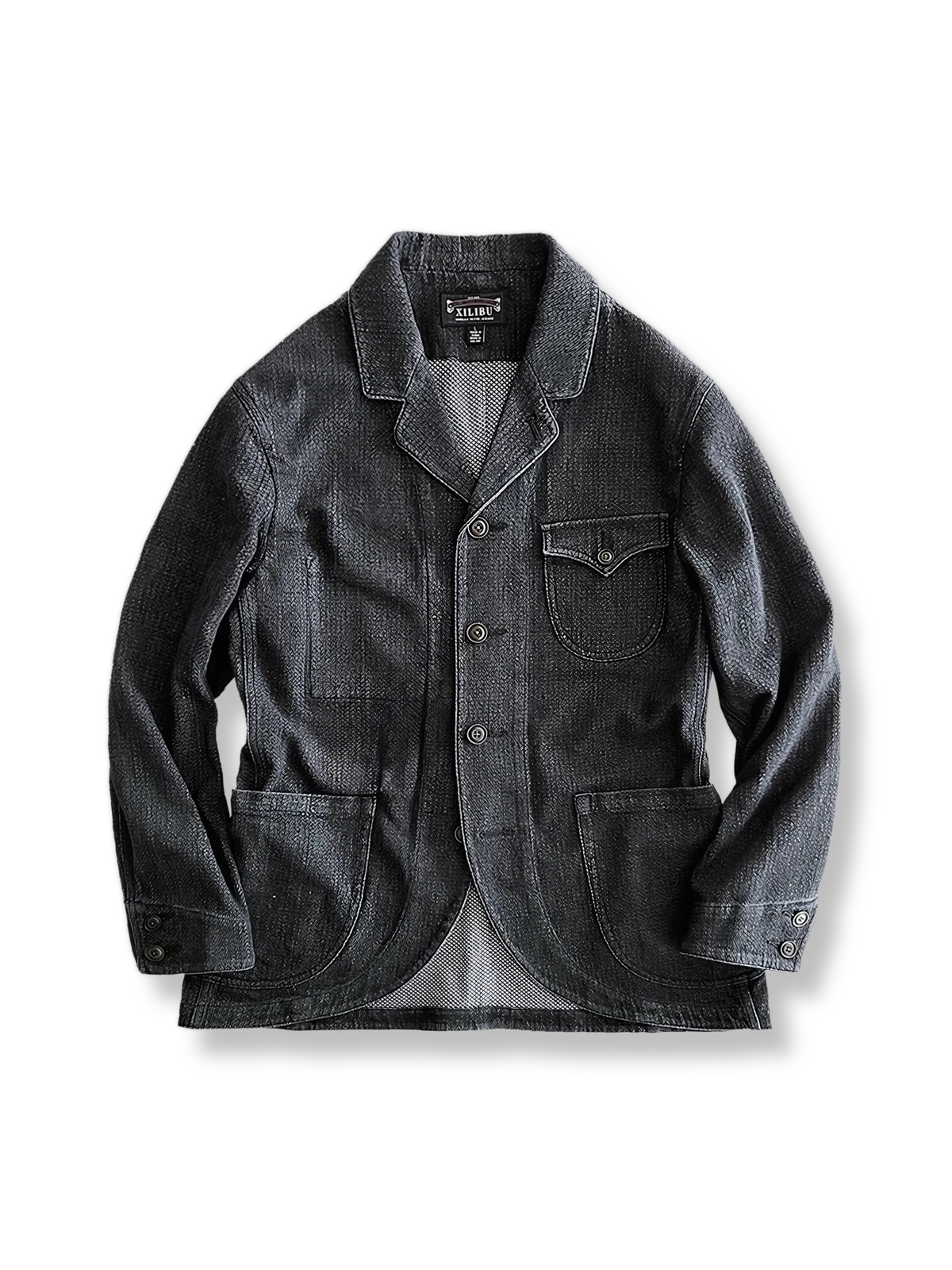 コットン製のアメカジレトロワークブレザー、大型ポケットとナッツボタン付き。