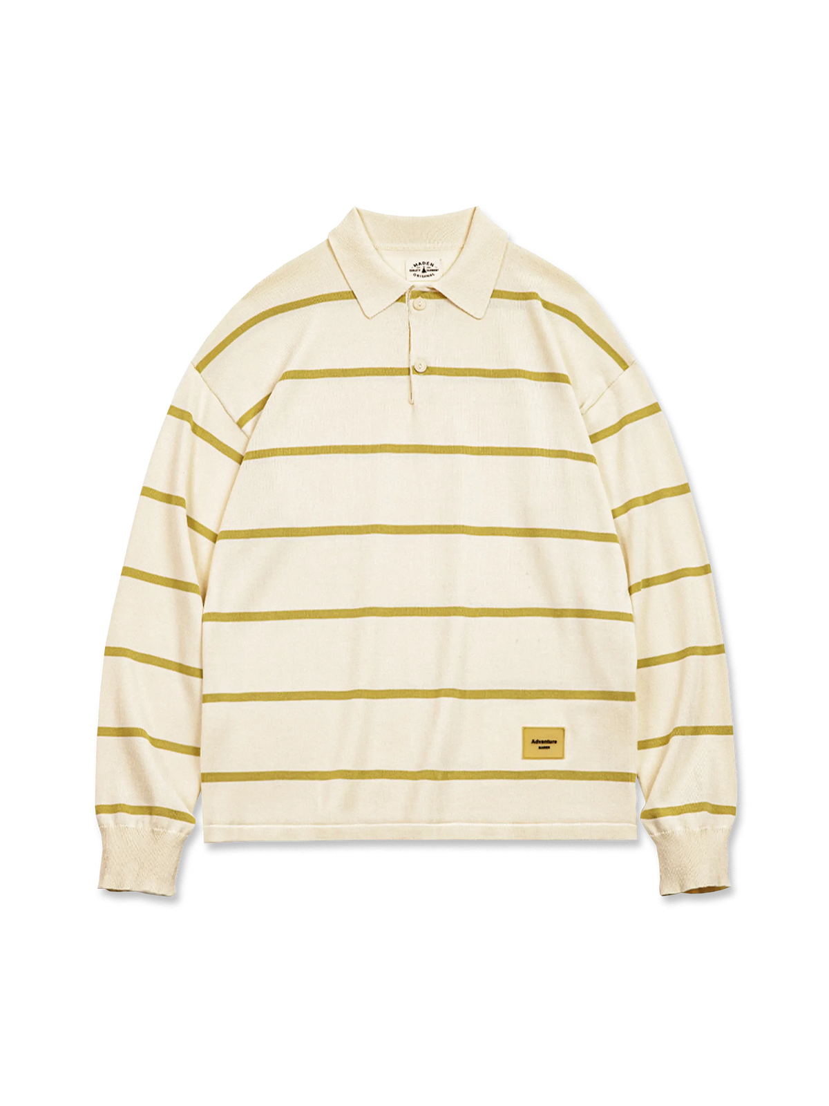 ヴィンテージ感のあるアメリカンカジュアルスタイルを表現したアイボリーとヴァイングリーンのストライプニットポロシャツ。通気性とドレープ性に優れたレーヨン・ナイロン混紡生地を使用。