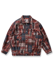 レッドとブルーのインディアン幾何学模様パッチワークワークジャケット。