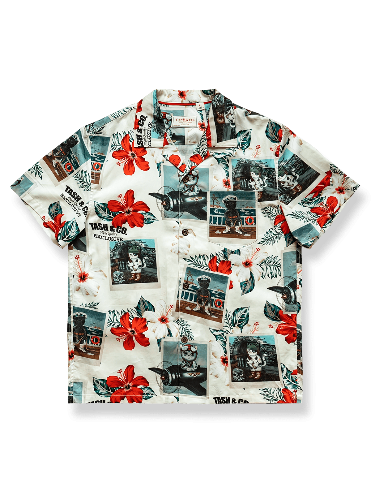 カートゥーンキャットと第二次世界大戦モチーフのアメリカンヴィンテージハワイアンシャツ