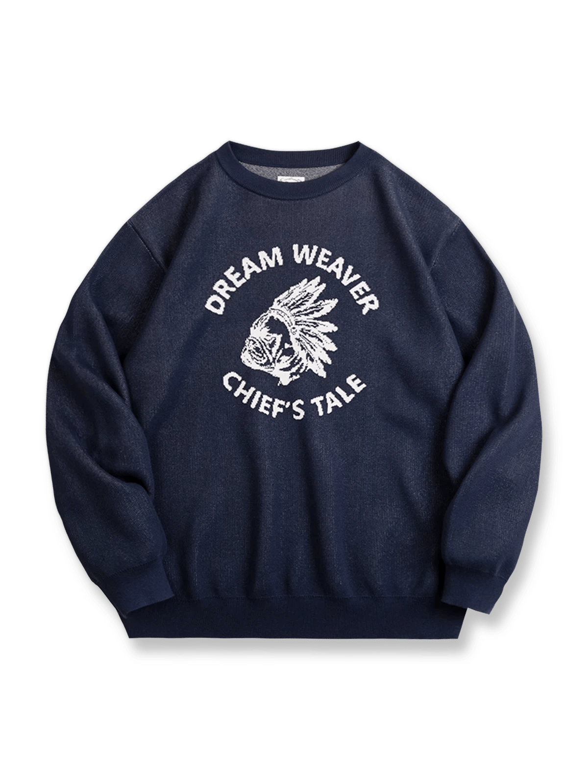 フレンチブルドッグとチーフヘッドドレス柄を編み込んだオーバーサイズニットセーター。