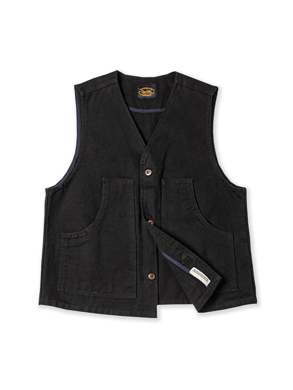 耐久性の高いワークファブリックを使用し、ツインレイヤーバックデザインと大容量ポケットを備えたラギッドなアメリカンヴィンテージハンティングベスト。