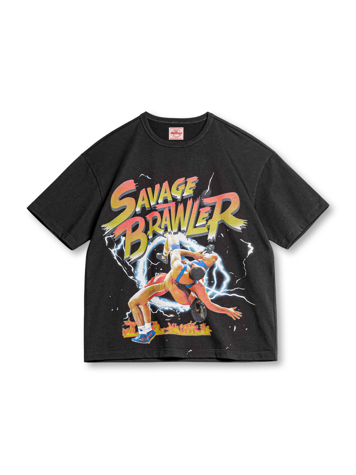 メキシコレスリングモチーフの大胆プリントが特徴のコットン100%ヴィンテージ風Tシャツ。快適な着心地。