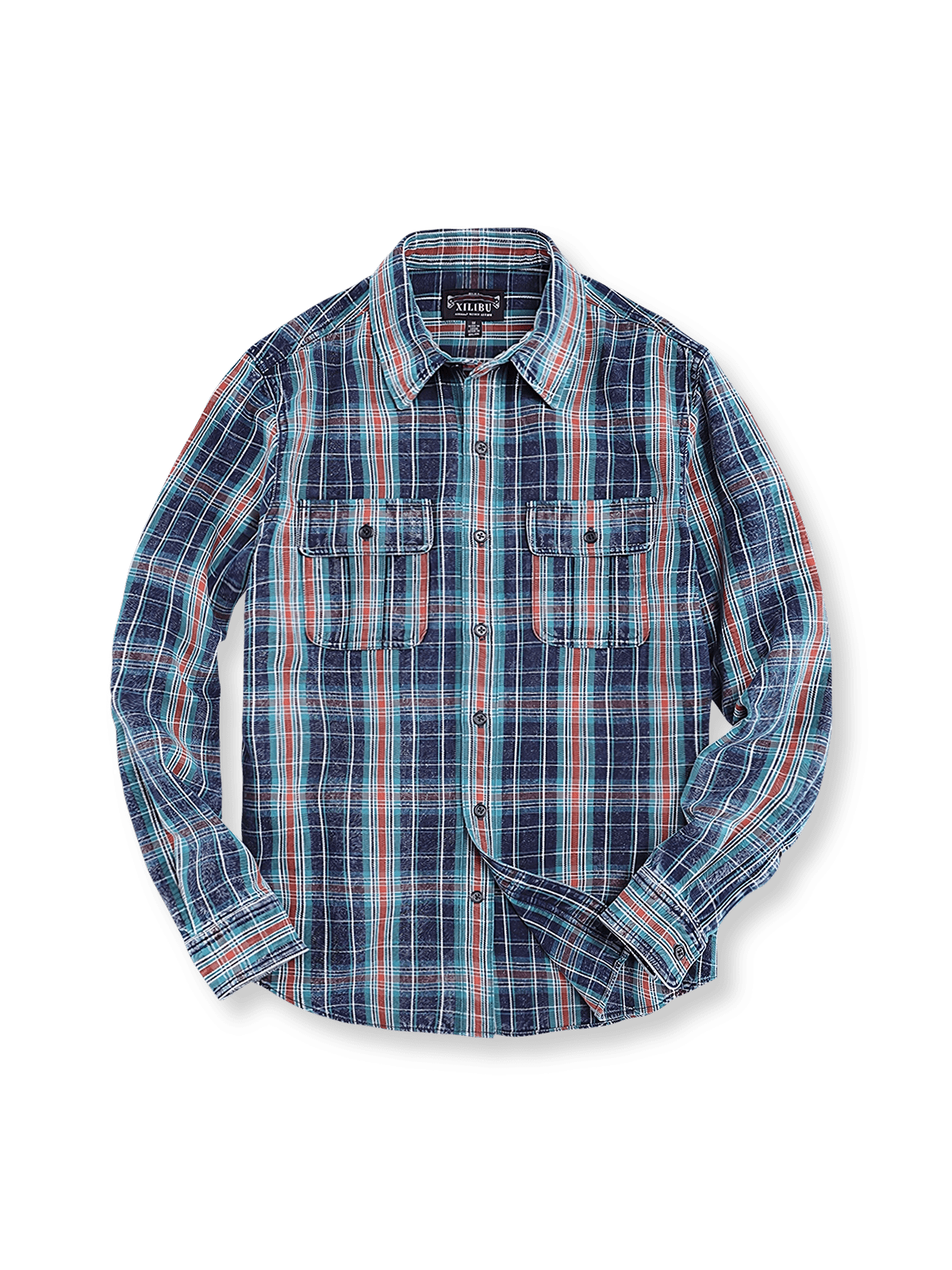 ヴィンテージウォッシュ加工のチェック柄とフラップポケットが特徴のルーズフィットコットンシャツ