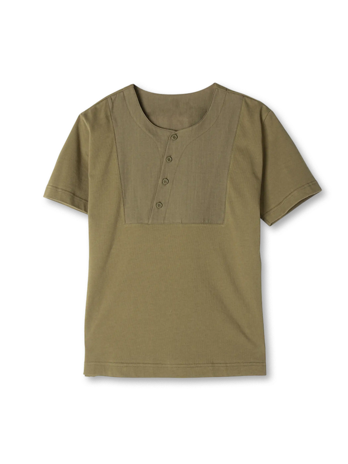 プラケット付きヘンリーネックと通気性に優れた混紡素材が特徴のアメカジ風半袖Tシャツ。多用途に活躍。