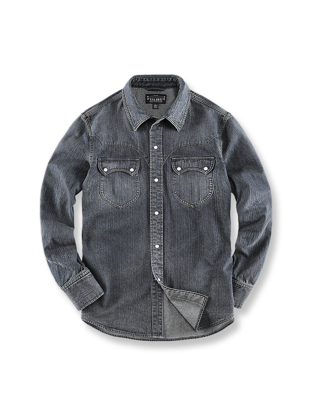 ウェスタンヨークとフラップポケットが特徴の抜染ウォッシュ加工デニムシャツ