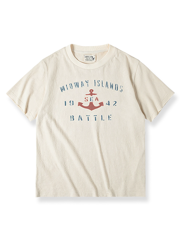 アンカー柄をプリントした綿の殻ブレンド生地の半袖Tシャツ