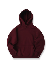 アンゴラレッド裏起毛パーカーの全体正面画像、カンガルーポケットと厚手リブ袖口のディテール。