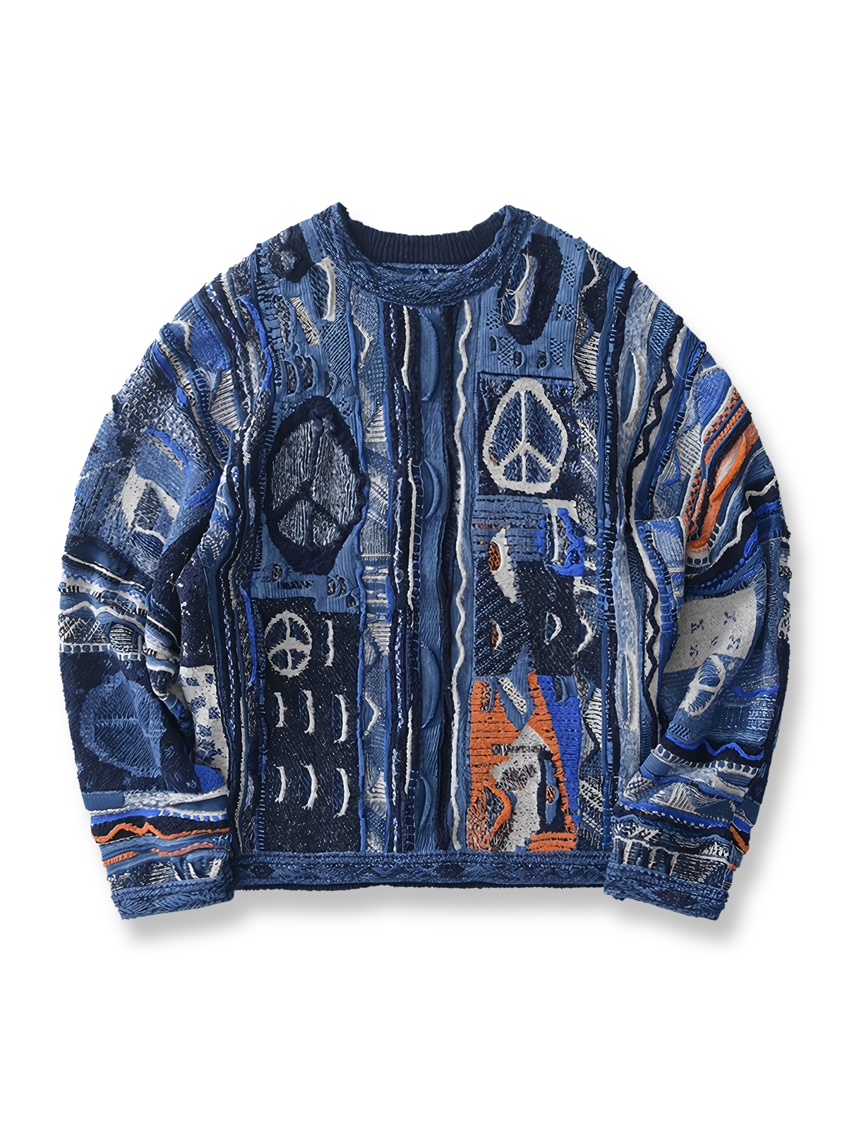 反戦テーマを藍染めウォッシュ加工で表現したニット。