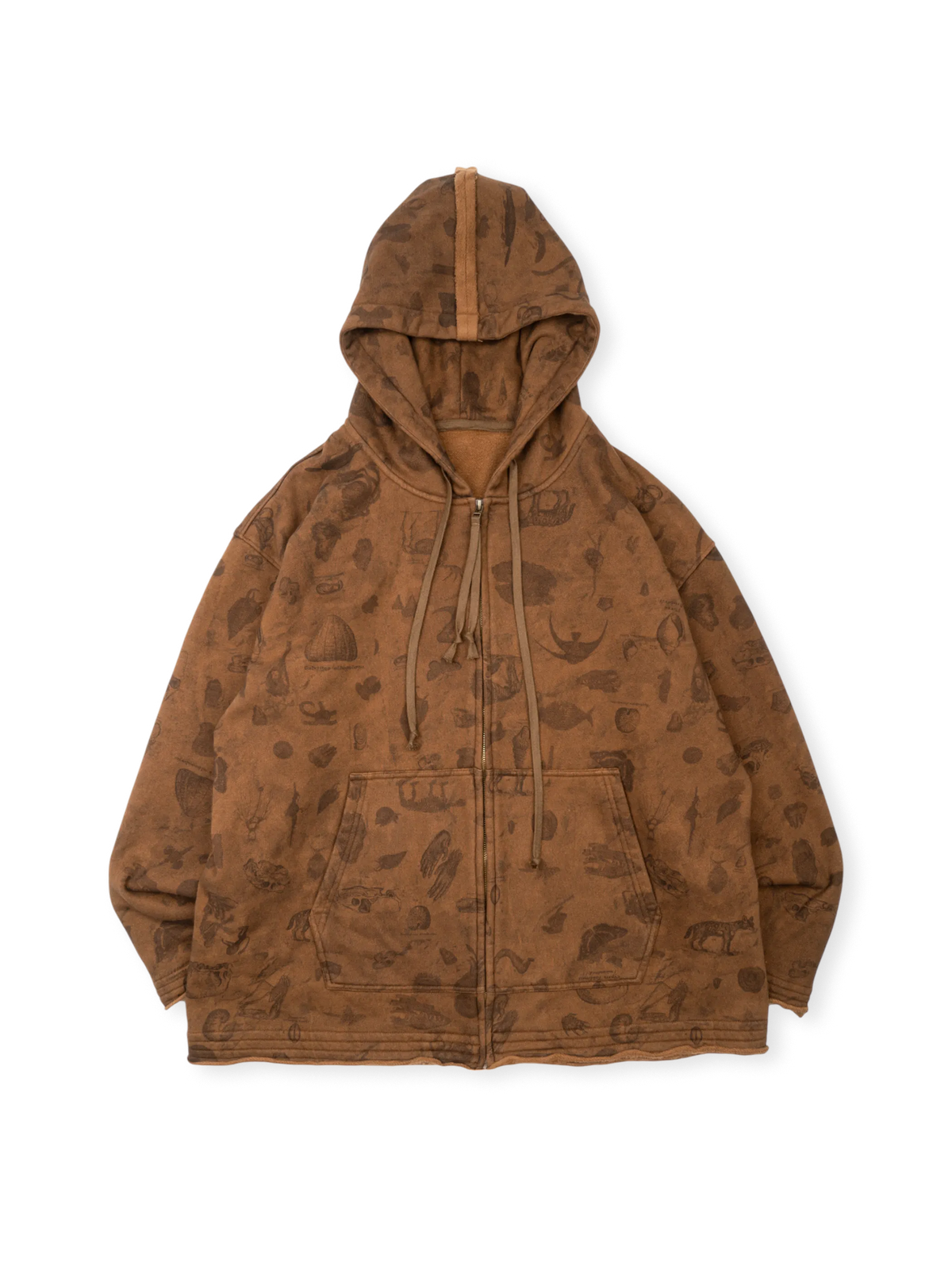 ヴィクトリア時代の銅版挿絵を再現したデジタルプリントフーディ。高重量コットン生地と牛角ボタンが特徴