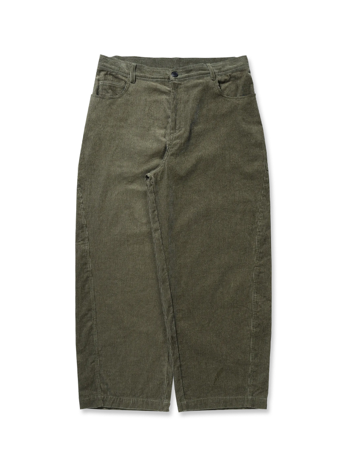 アーチ型カットデザインと柔らかい100%コットンコーデュロイ素材を使用したワイドストレートパンツ。収納力のある多ポケットと耐久性の高い縫製が特徴。