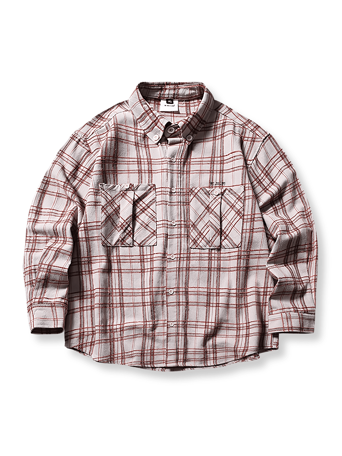 アーチ状の裾とヴィンテージチェック柄、ダブルポケットを備えた100%コットンシャツ。ネルシャツ風のリラックスシルエットが特徴。