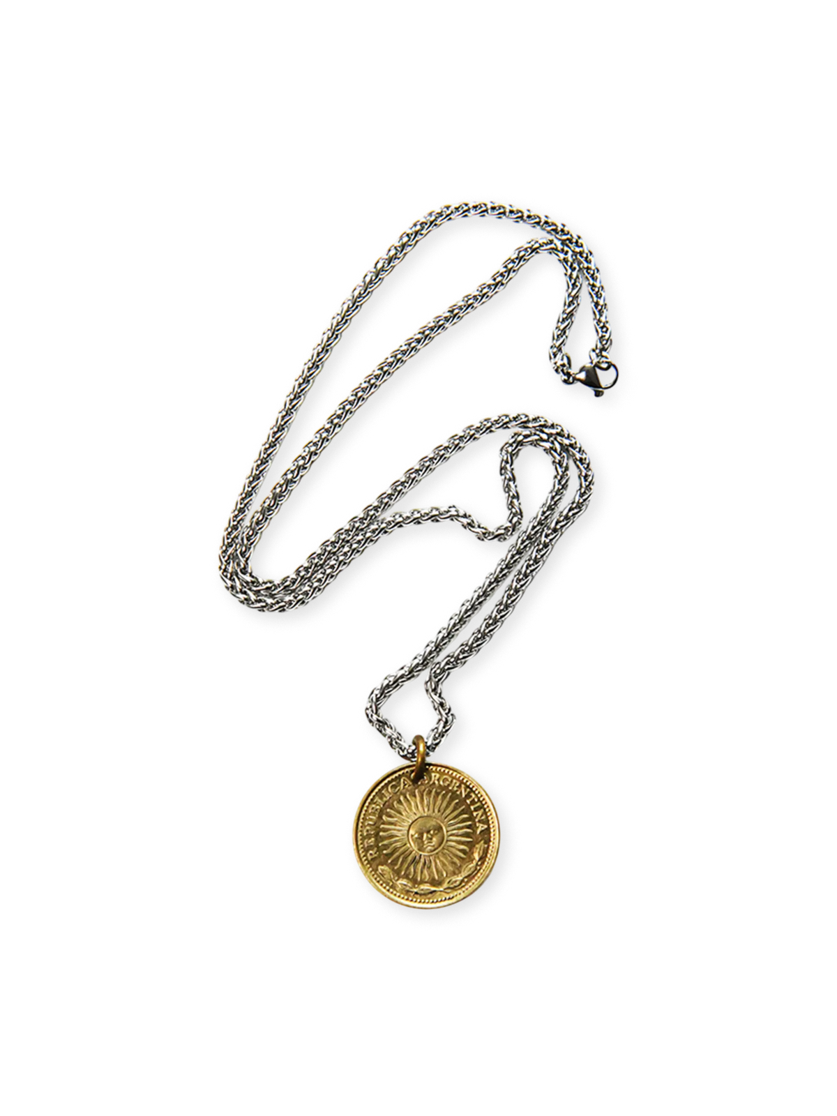 アルゼンチン10ペソ硬貨ペンダントとドラゴンボーンチェーンを使用したサンコインネックレス。