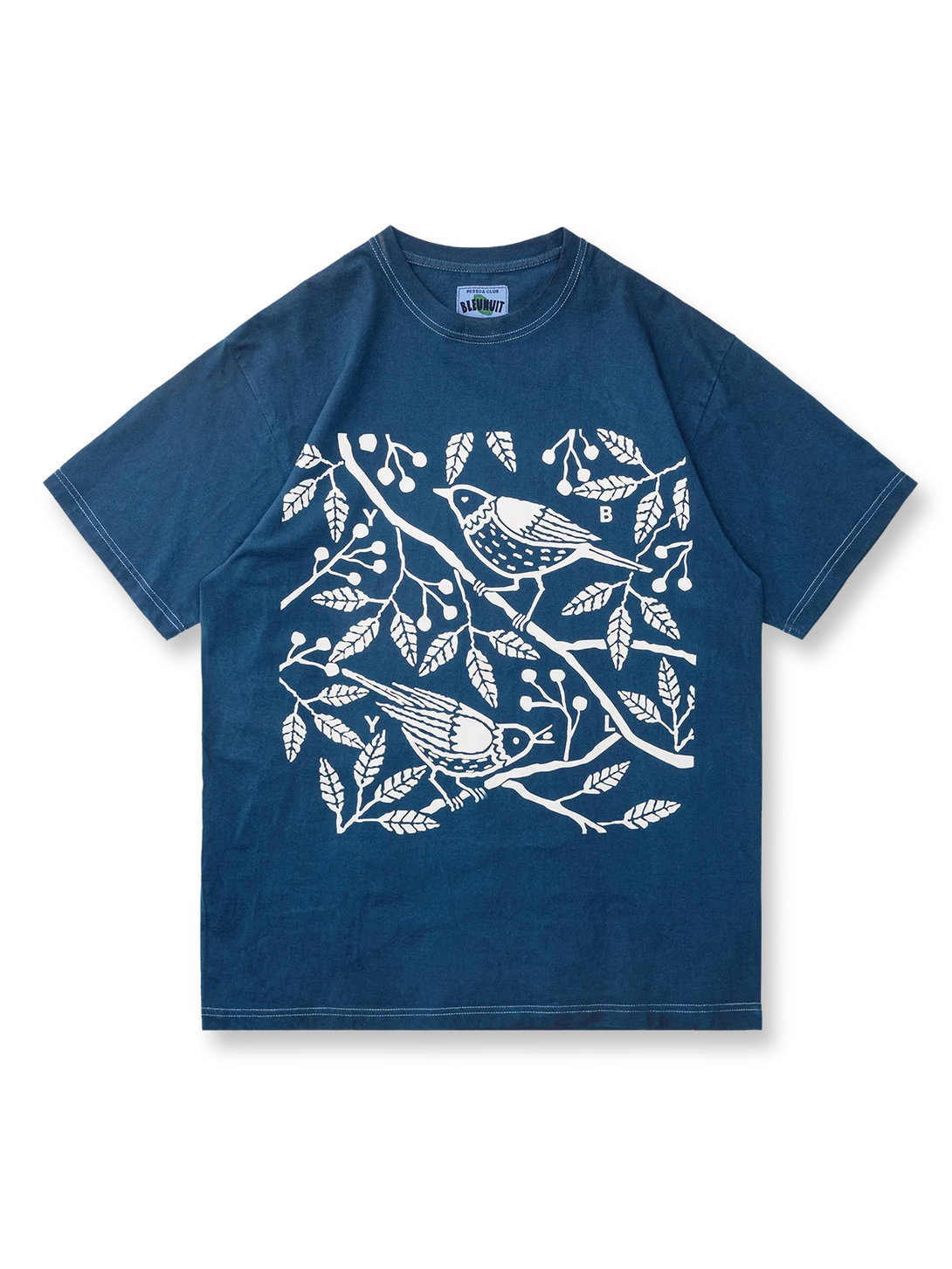 職人手染めによるカササギ模様のコーマ糸藍染めTシャツ。