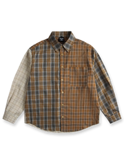 アシンメトリーデザインのチェック柄パッチワークシャツ。快適なルーズフィットと高級感あるボタンディテールが特徴。