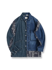 アシンメトリーデザインとペイズリー切り替えが特徴のリメイクデニムジャケット