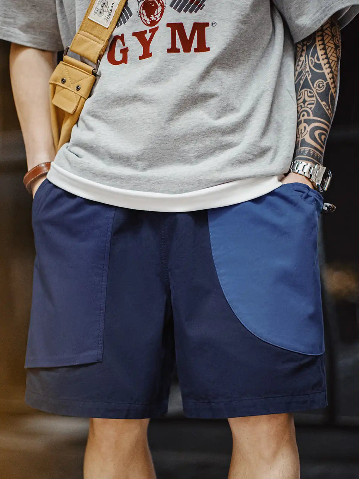 アシンメトリー カラーブロック カーゴショーツ全体像（インディゴ／ライトブルー／ネイビー）