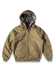 B-10リバーシブルデッキジャケットの全体正面画像、カーキ外層とレオパード柄内側のディテール。