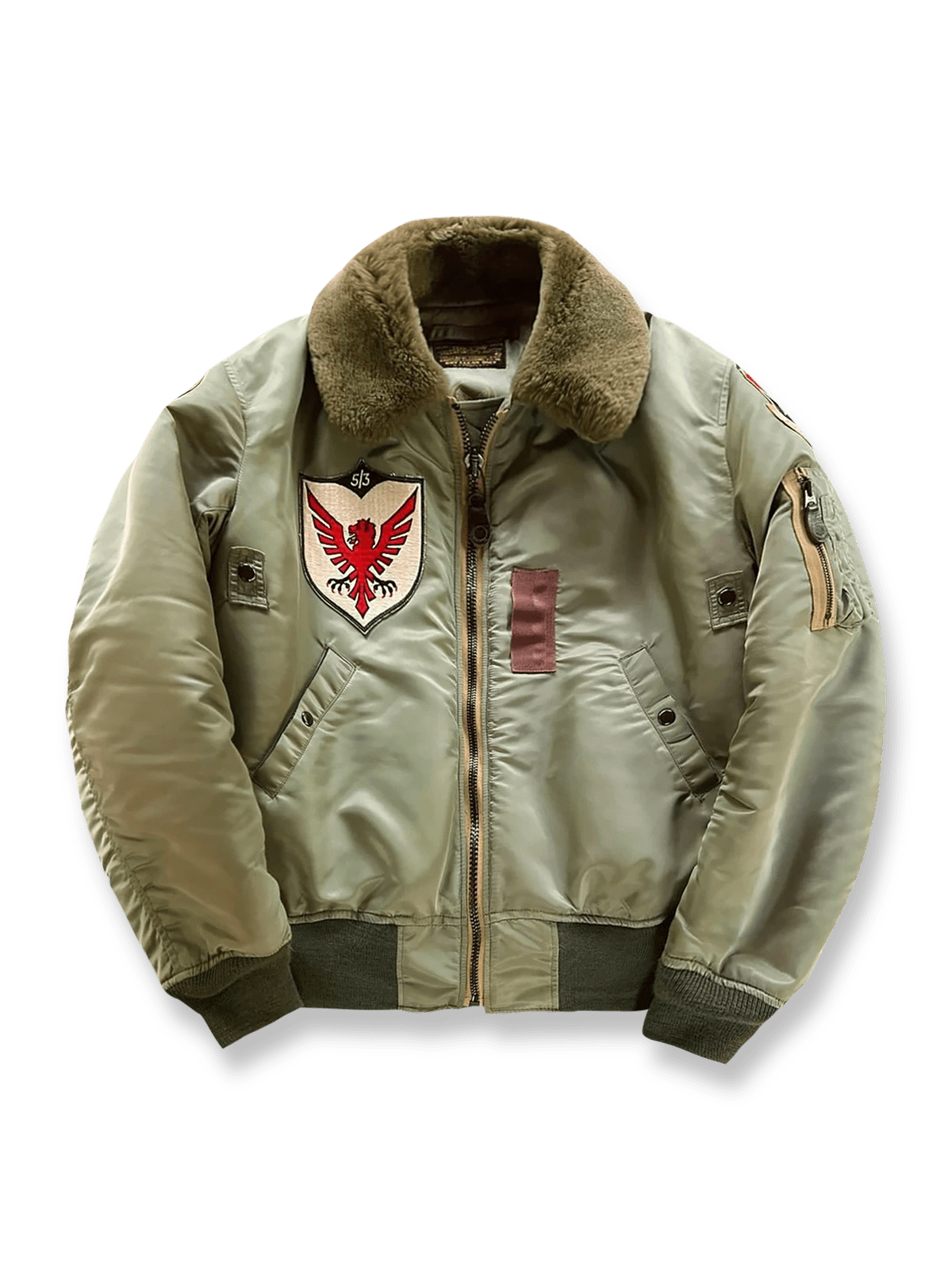 ショート丈のB‑15Dフライトジャケット。取り外し可能なウールファー襟と300gウールフェルト中綿、メタルパーツ＆抗ピリングリブで機能性と耐久性を両立。