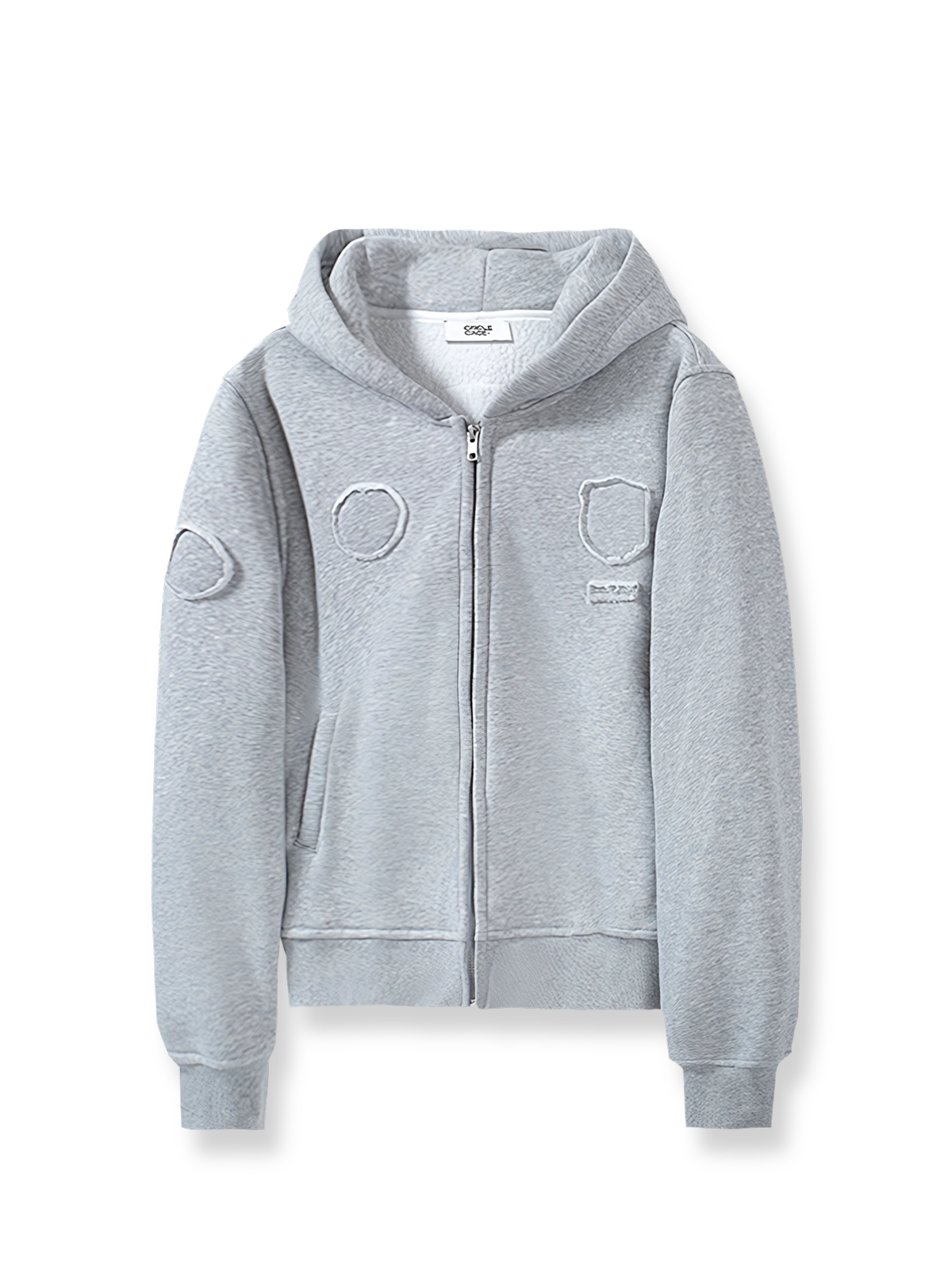 バッジ付きデザインが特徴のパッチワークフードジップパーカー