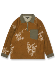 竹葉柄とカラーブロックのプルオーバー長袖シャツ