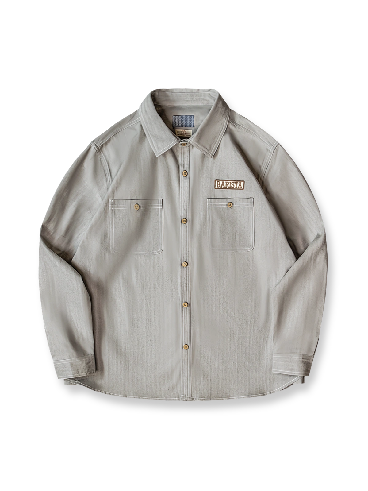胸元に「BARISTA」刺繍パッチとコルクボタンを配した厚手コットン製ワークシャツ。