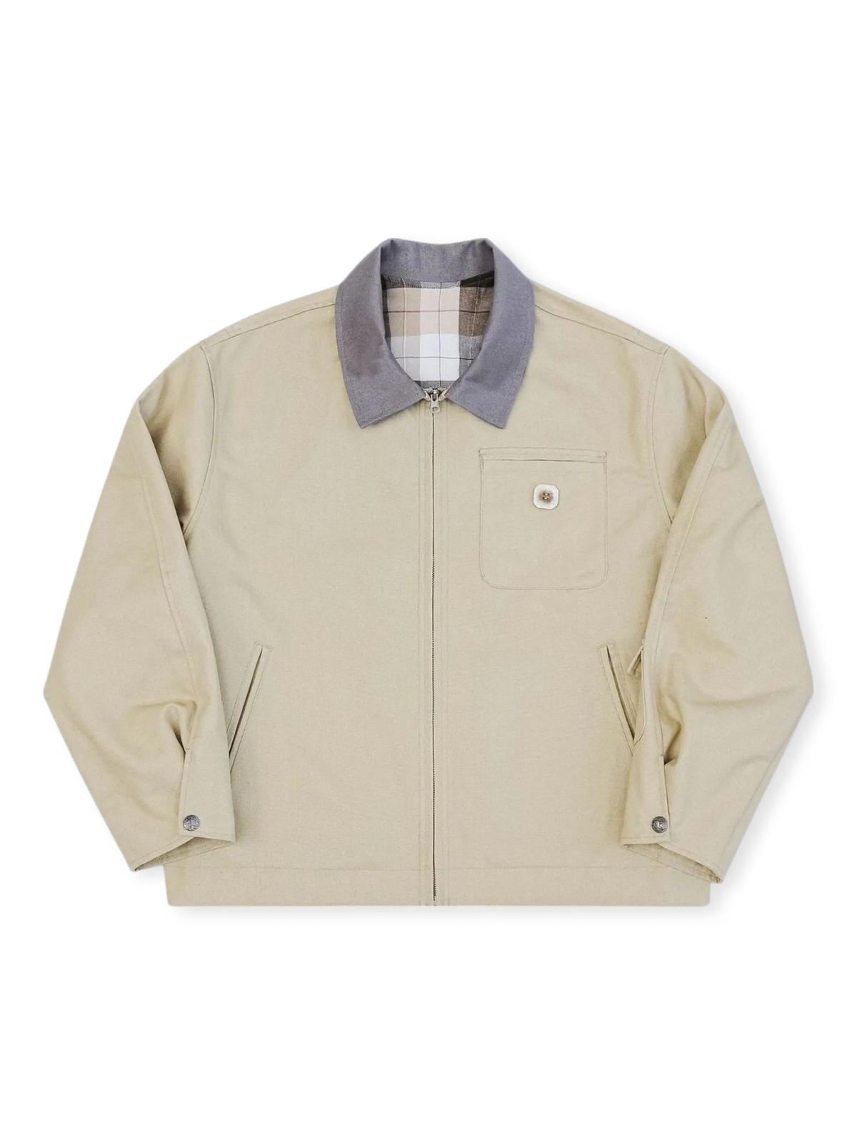 デトロイト工装風のバーン風コントラストキャンバスジャケット。翻領とパッチワーク胸ポケットが特徴。