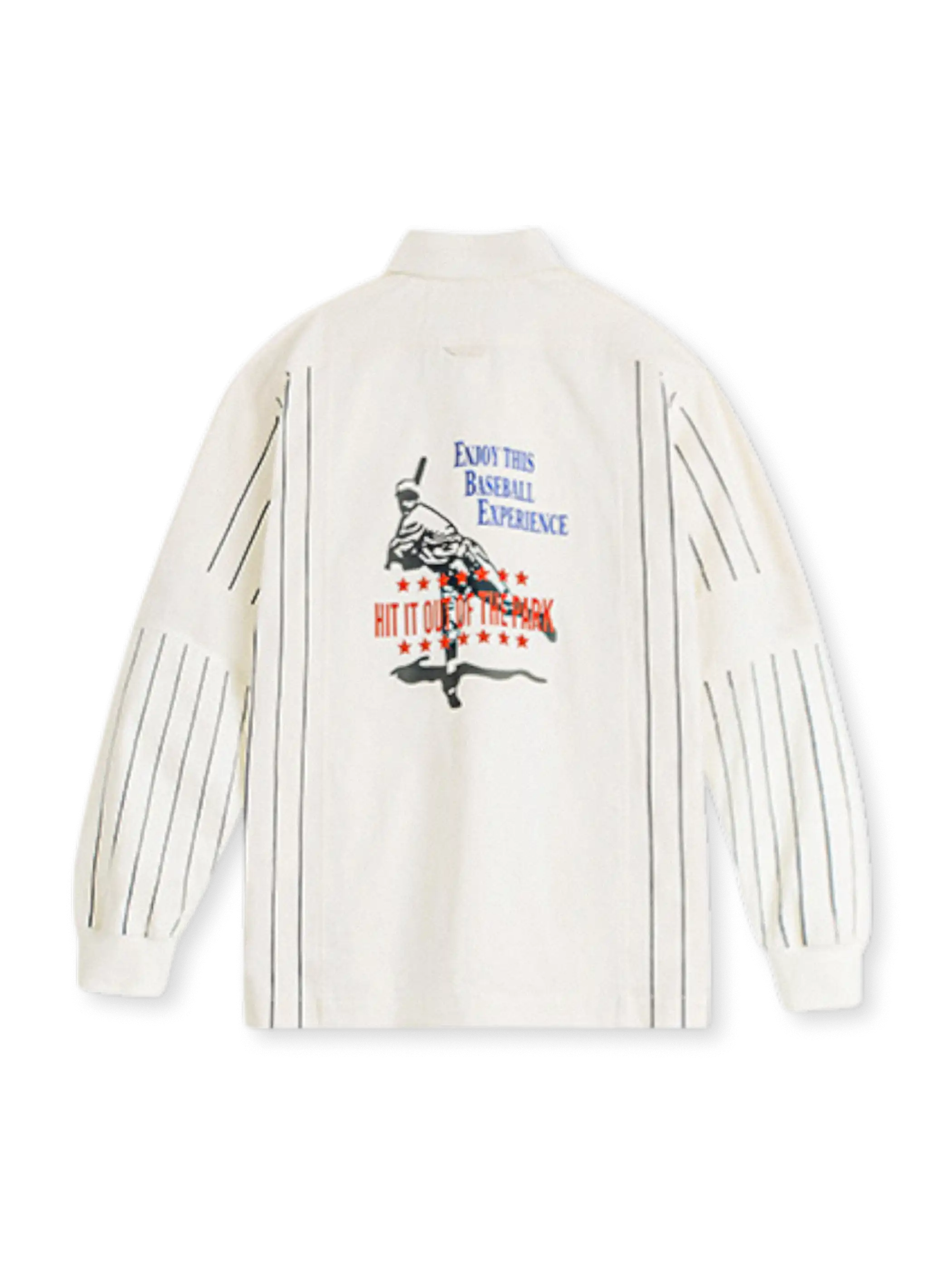 背面に野球選手の刺繍プリントが入ったポロ型プルオーバー メンズ長袖スウェット