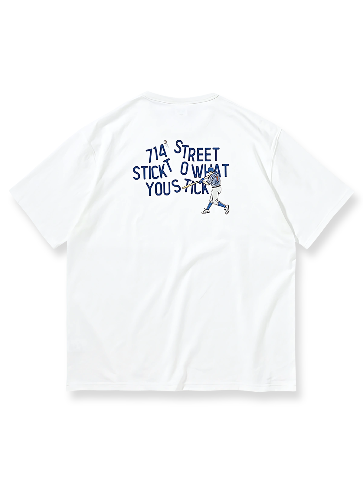 野球バッティングモチーフのユーモラスなプリントが映えるコットンジャージーTシャツ。