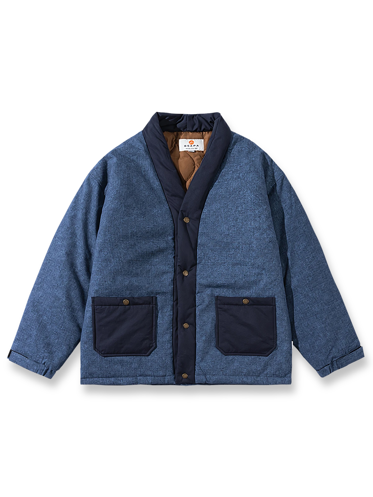 ろうけつ染め格子織り生地のシングルボタンはんてん。