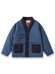 ろうけつ染め格子織り生地のシングルボタンはんてん。