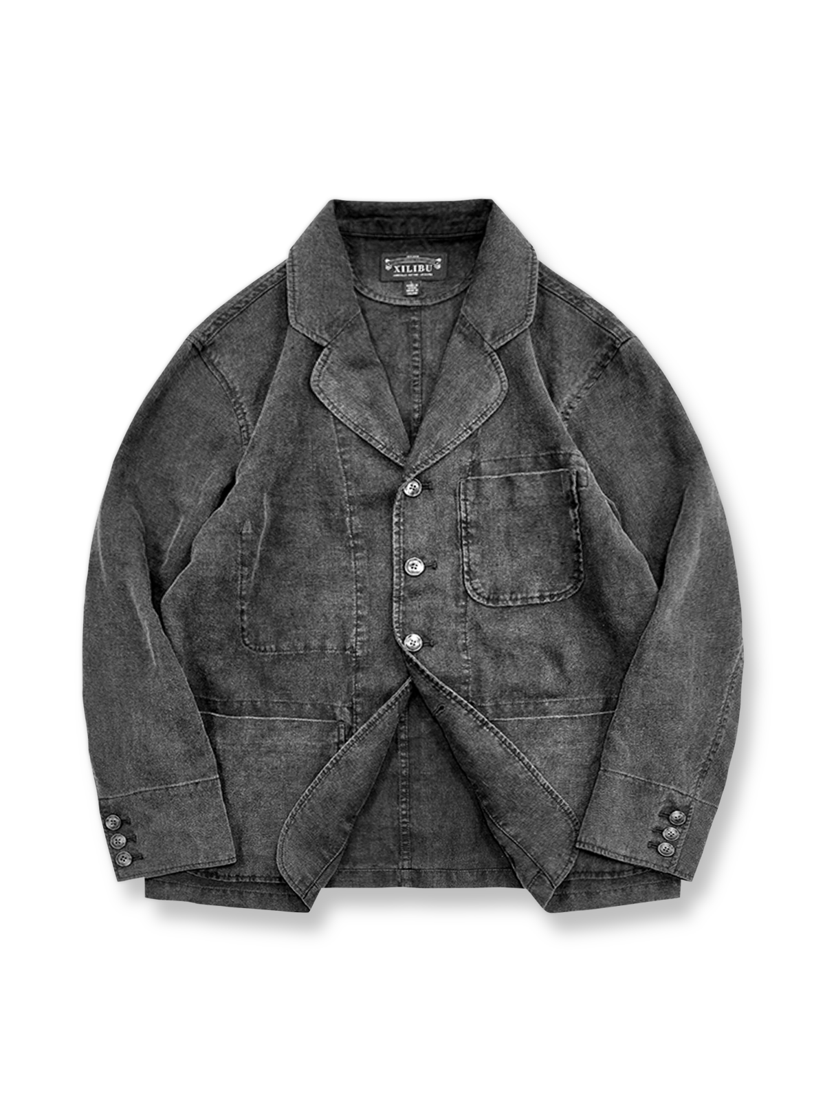 バティック染めと水洗いブラック加工を施した100%リネンのテーラードジャケット。袖口にヴィンテージ風ボタンが3つ配されています。