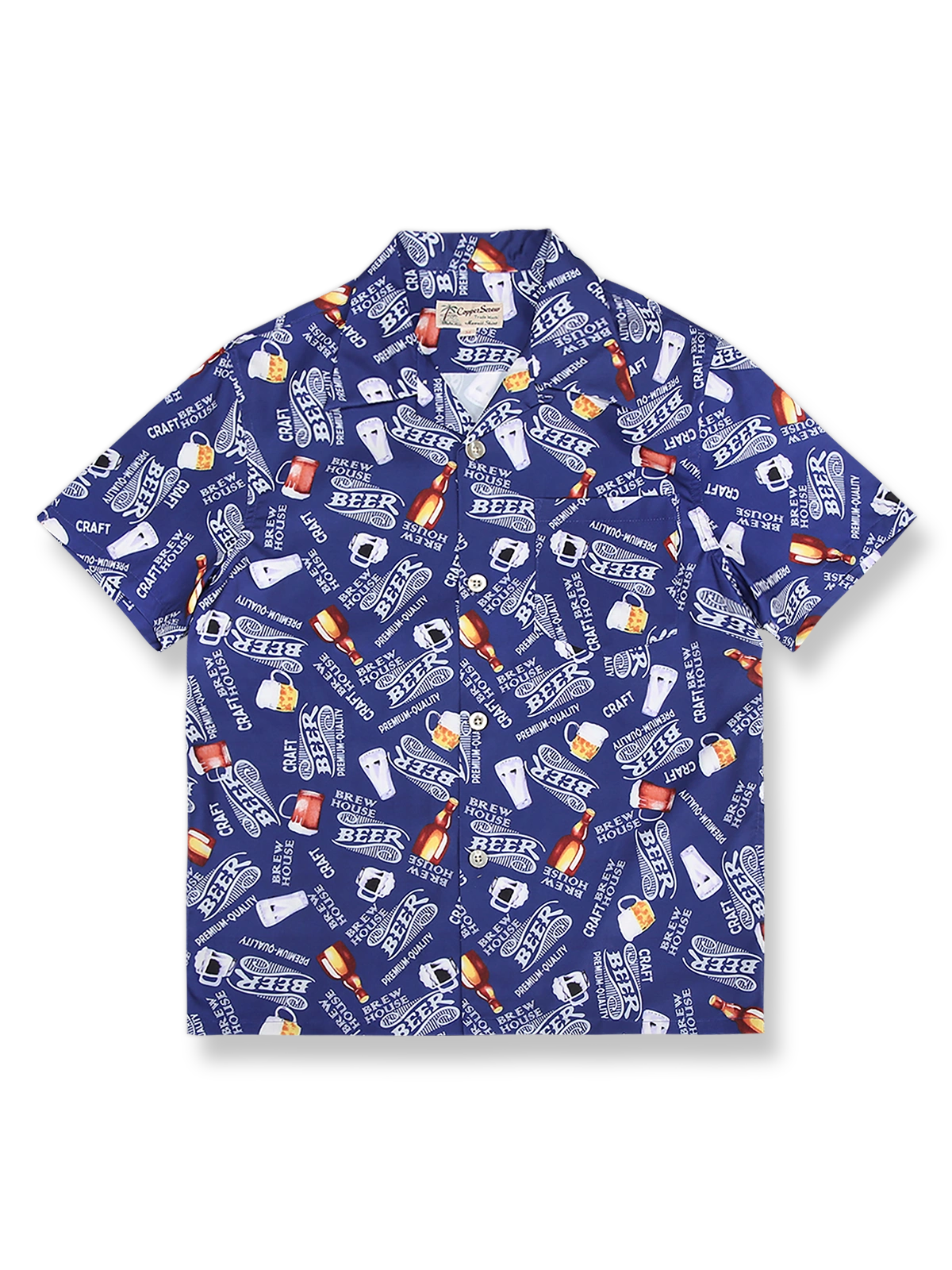 ビールジョッキ柄のプリントが施されたコットンポリウレタン混紡ハワイアンシャツ