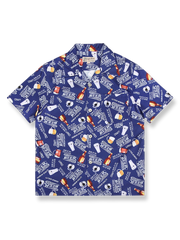 ビールジョッキ柄のプリントが施されたコットンポリウレタン混紡ハワイアンシャツ