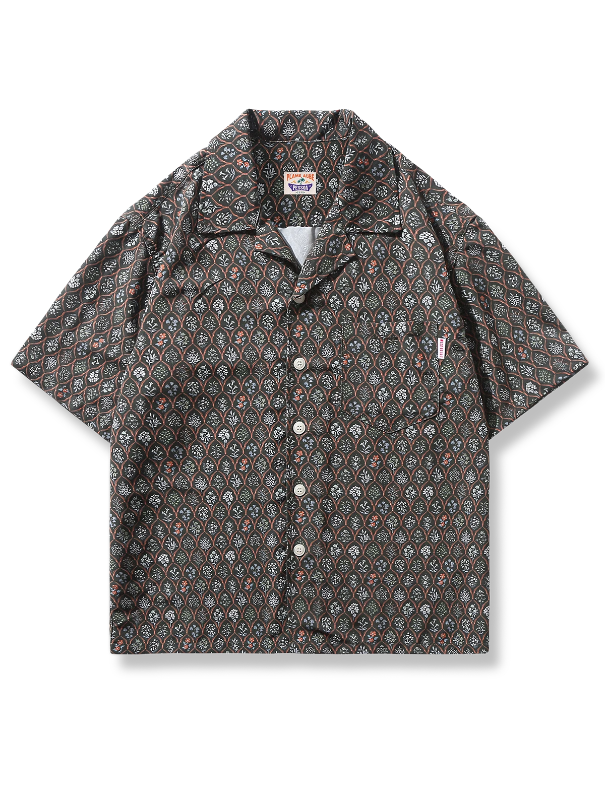 「本草図譜」植物柄が広がるルーズフィットポリエステル製キューバカラー半袖シャツ