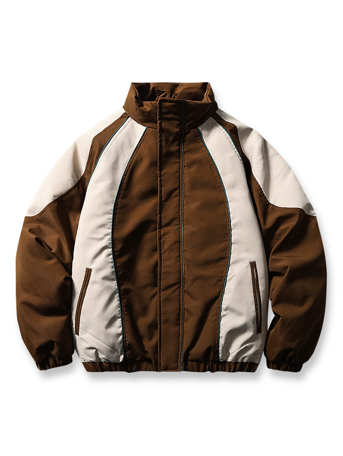 バイカラーアーチ切り替えとスタンドカラーで防風・保温性に優れたルーズフィット中綿ジャケット