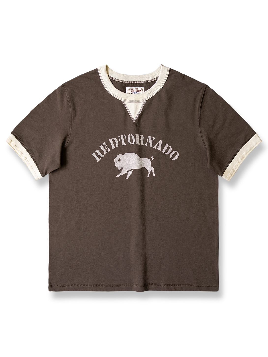 バイカラー袖口とヴィンテージ風ブループリントのオーガニックコットンTシャツ。