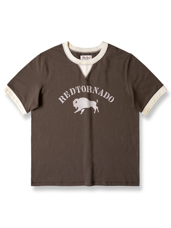 バイカラー袖口とヴィンテージ風ブループリントのオーガニックコットンTシャツ。