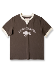 バイカラー袖口とヴィンテージ風ブループリントのオーガニックコットンTシャツ。