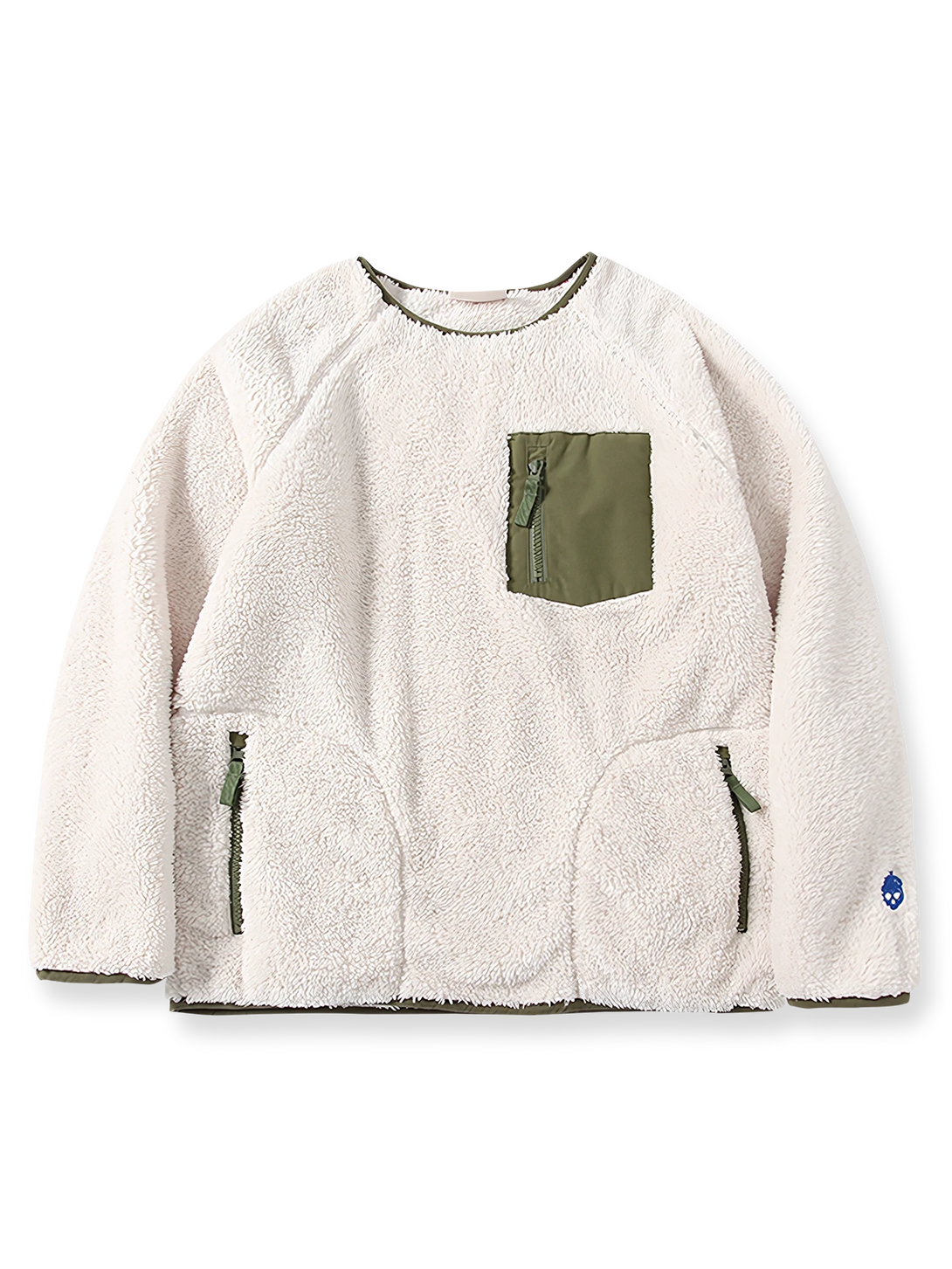 日本製コーラルフリースとパッチワークを使用した保温性高いバイカラースウェット。刺繍ポケットとYKKジッパー付き。