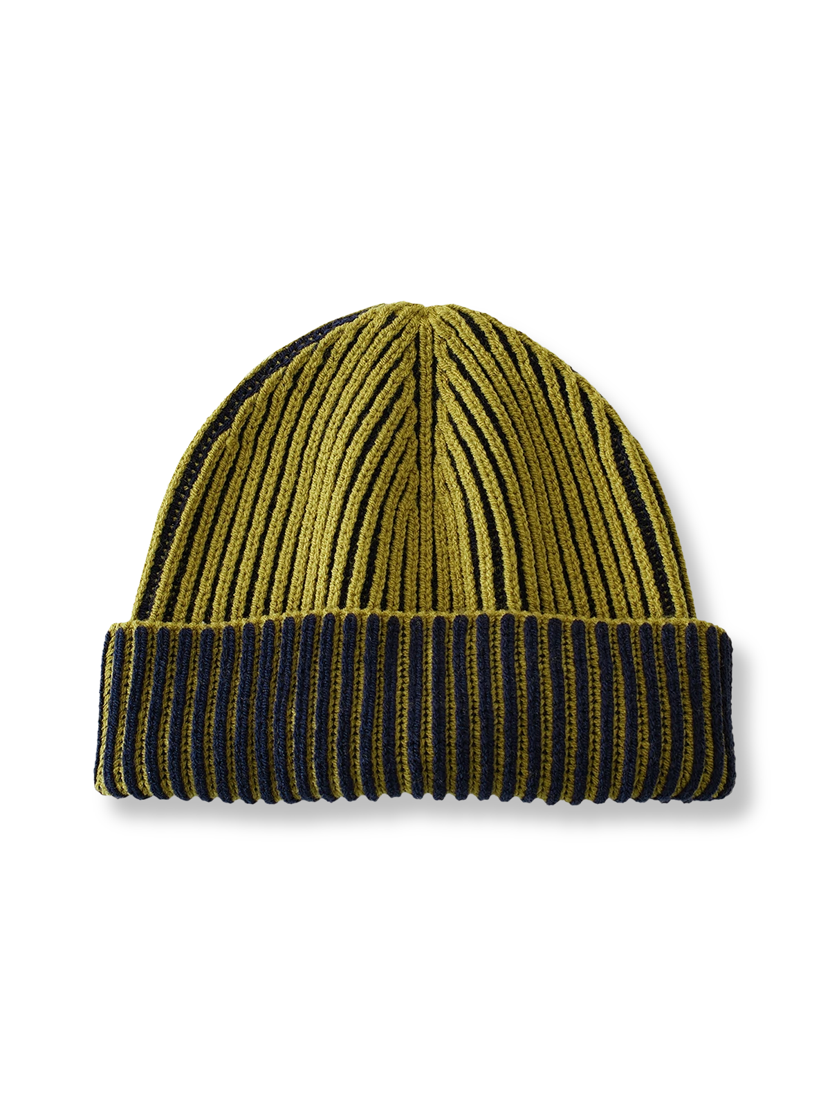 バイカラーのジャカード編みで縦リブ模様が美しい、保温性と快適性に優れたリバーシブルニットキャップ