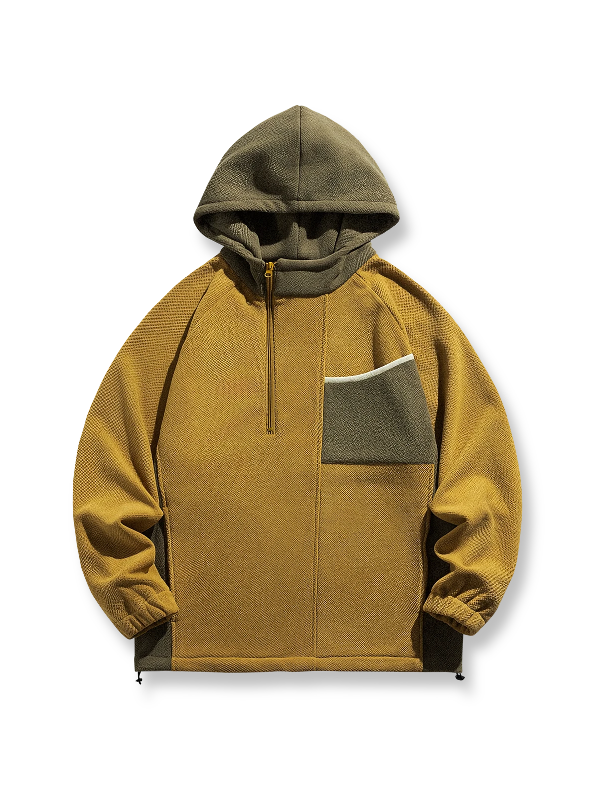 ヴィンテージ感あるバイカラー配色と斜めハーフジップが特徴の裏起毛パーカー、袖口ゴム仕様、裾ドローコード付き