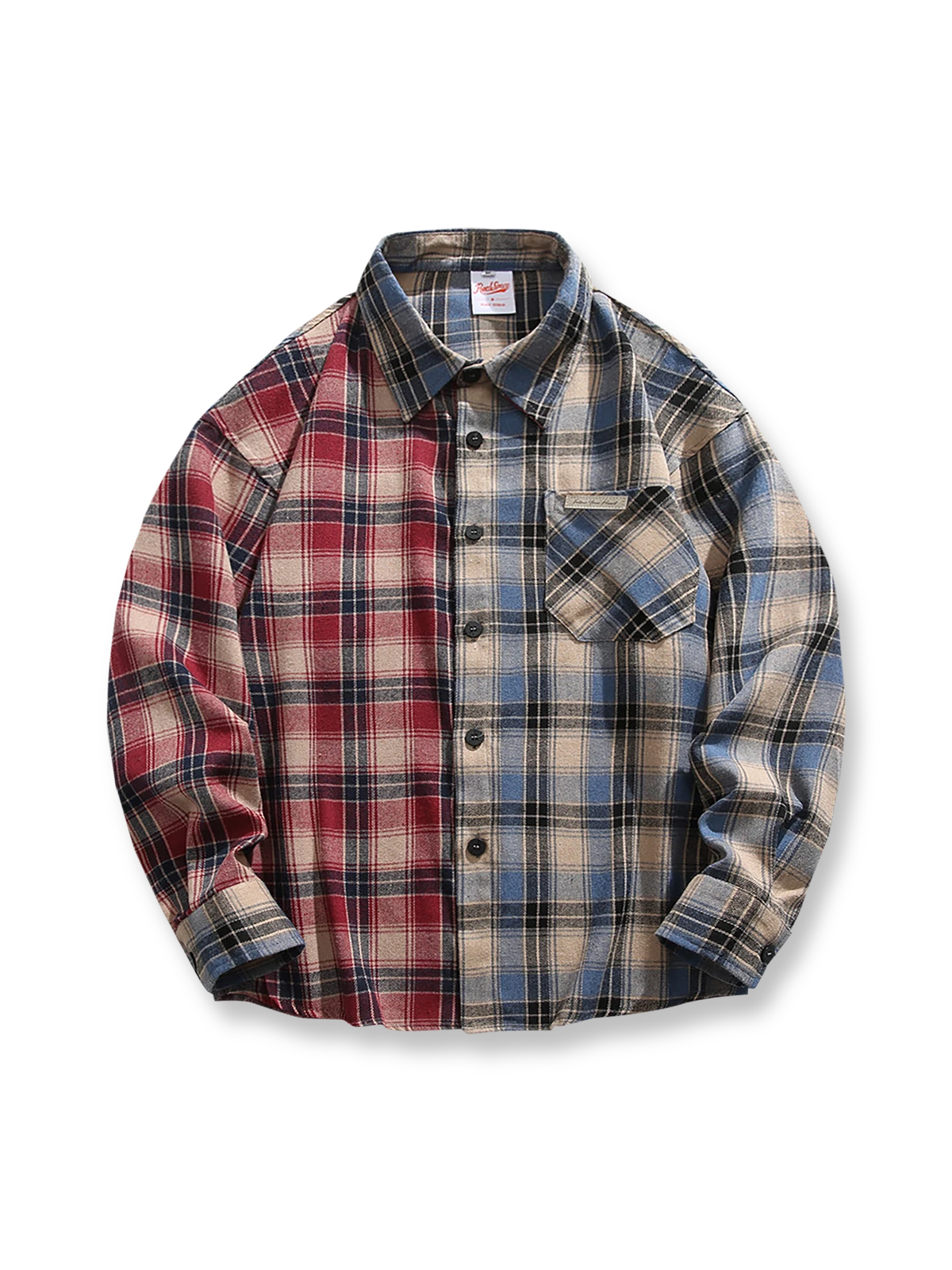 バイカラー パッチワーク チェック柄 長袖シャツ-PESSOA CLUB バイカラー パッチワーク チェック柄 長袖シャツ-PESSOA CLUB