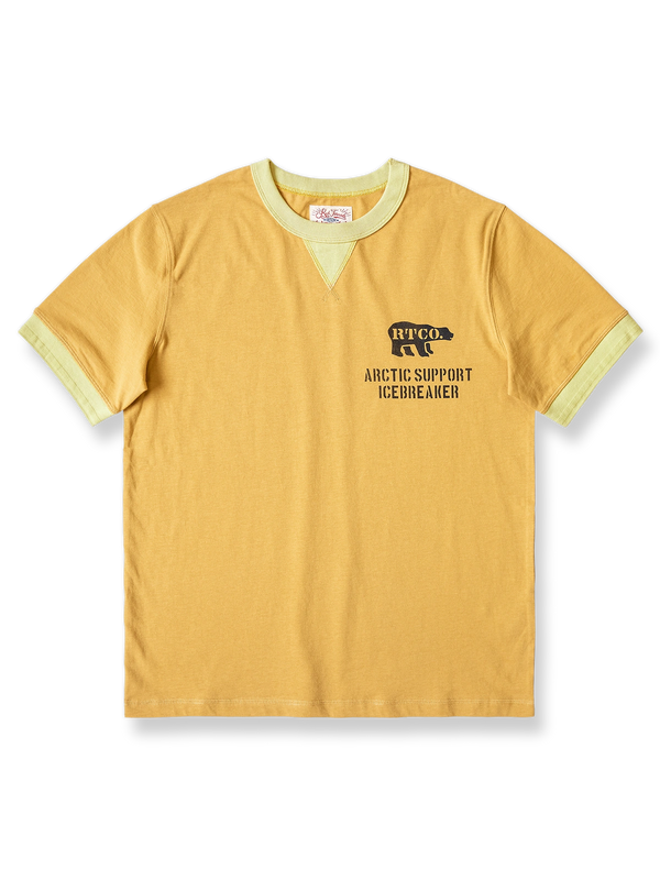 バイカラー袖口とヴィンテージ風ホッキョクグマプリントのコットンTシャツ。
